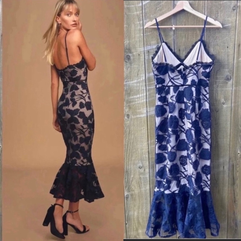 Navy Blue Floral Mesh Lace Trumpet Midi Dress 🌿